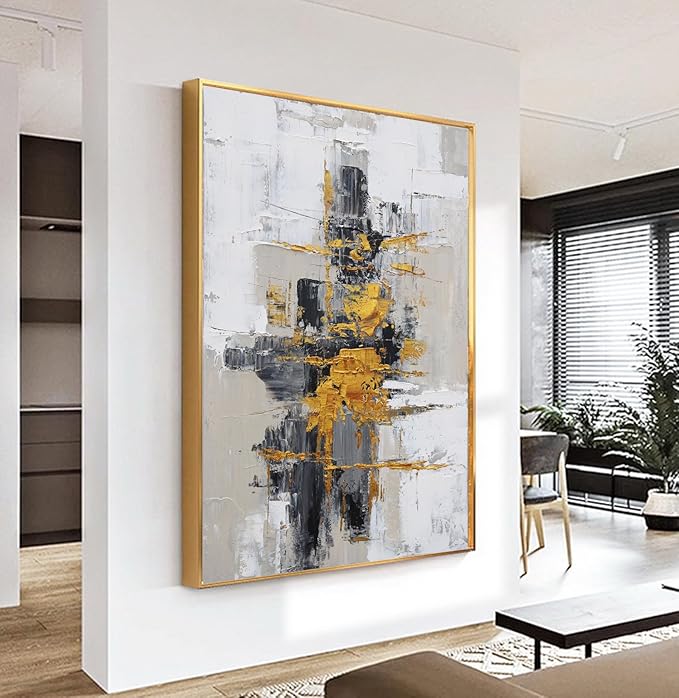 Hand-Painted Abstract Living Room Wall Art,Framed Large Black and White Canvas Oil Painting for bedroom,3D Gold Thick Textrued Abstract Wall Decor for Office Home Decoration 32x48 inches