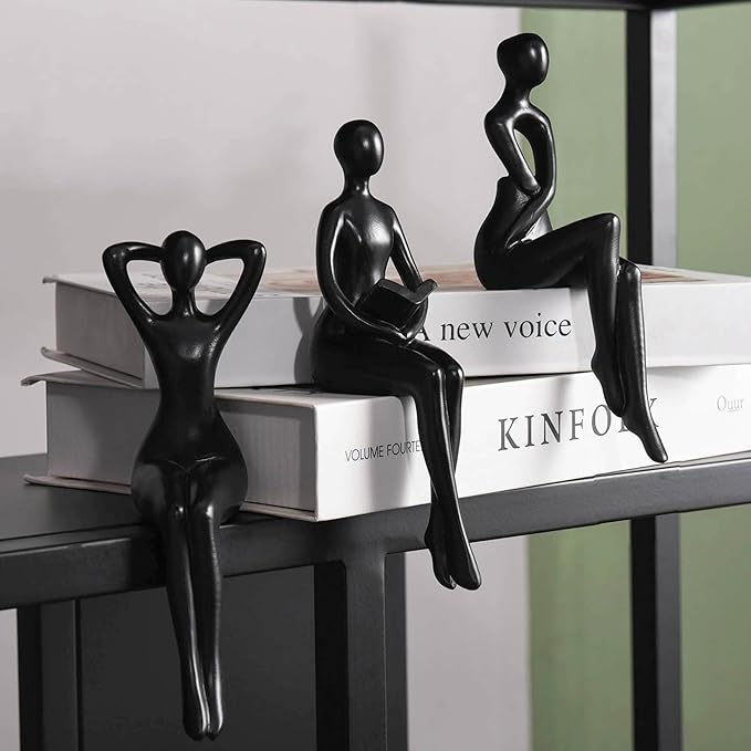 Quoowiit Black Thinker Statue Book Shelf Decor, Minimalist Modern Home Decor Collectable Figurines Office Desk Unique Coffee Table Decorations for Living Room 3 Piece