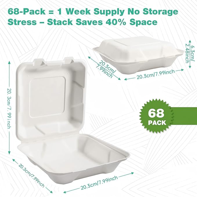 𝟴𝘅𝟴", 𝟲𝟴-𝗣𝗮𝗰𝗸 Disposable Clamshell Take Out Food Containers, Biodegradable Paper To Go Boxes for Burgers, Sandwiches, Fries & More (White)