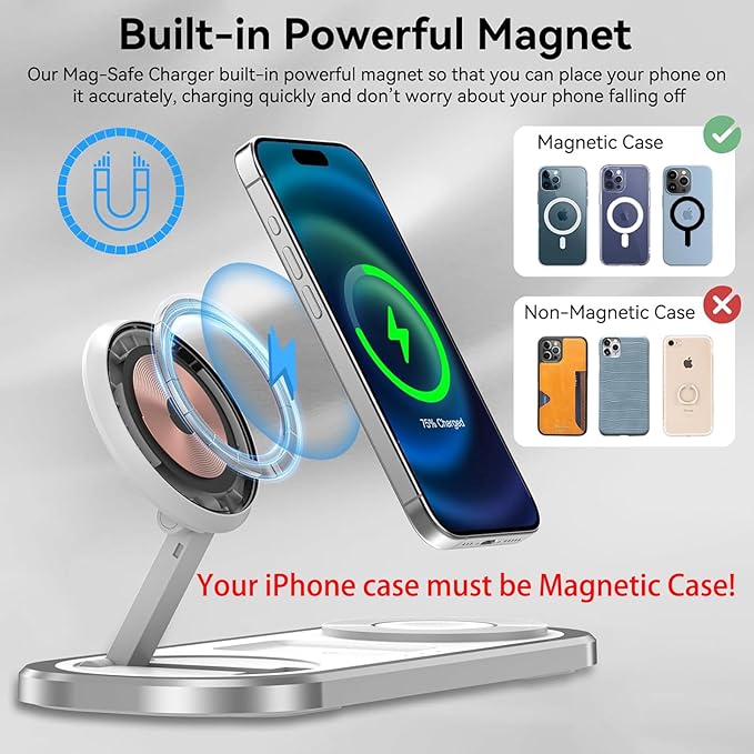 3 in 1 Fast Wireless Charger Stand for iPhone, Foldable Travel Charging Station for Magsafe for iPhone 17/Air/16/15/14/13/12 Series, Apple Watch Series, AirPods pro/2/3/4, Gifts for Women Men (Silver)