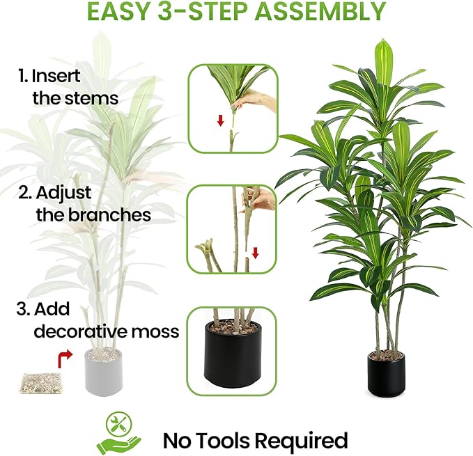 5FT Artificial Dracaena Tree, Faux Dracaena Plant with Stones in Black Round Planter, Tall Fake Floor Plant for Indoor Home Office Living Room Decor