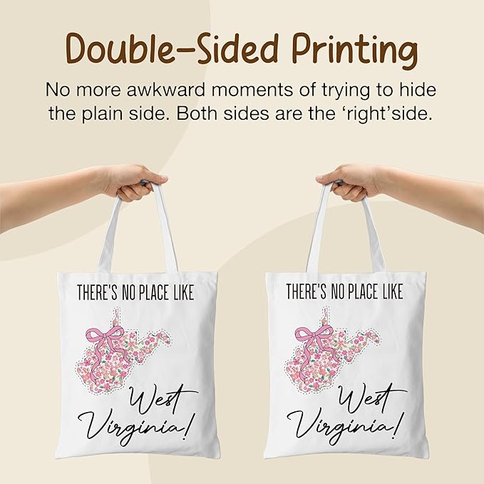 Floral West Virginia Map Bow Canvas Tote Bag for Books, Travel & Daily Use, Magnetic Buckle, 16x14 Inch(003)