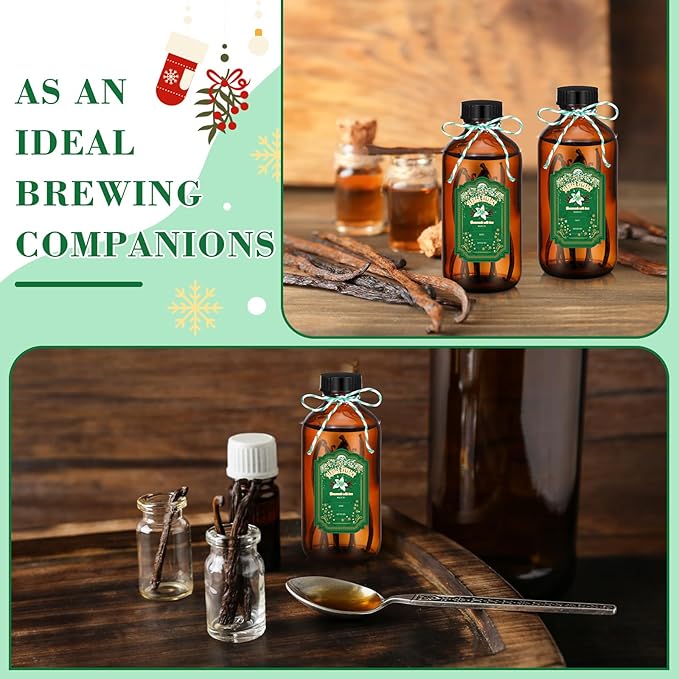 Uiifan 12 Pack Amber Glass Bottles Boston Round Sample Bottles Glass jars with Lids Dark Vanilla Extract and 12 Pcs Christmas Green Snowflakes Stickers for Gift Beans(8 oz)