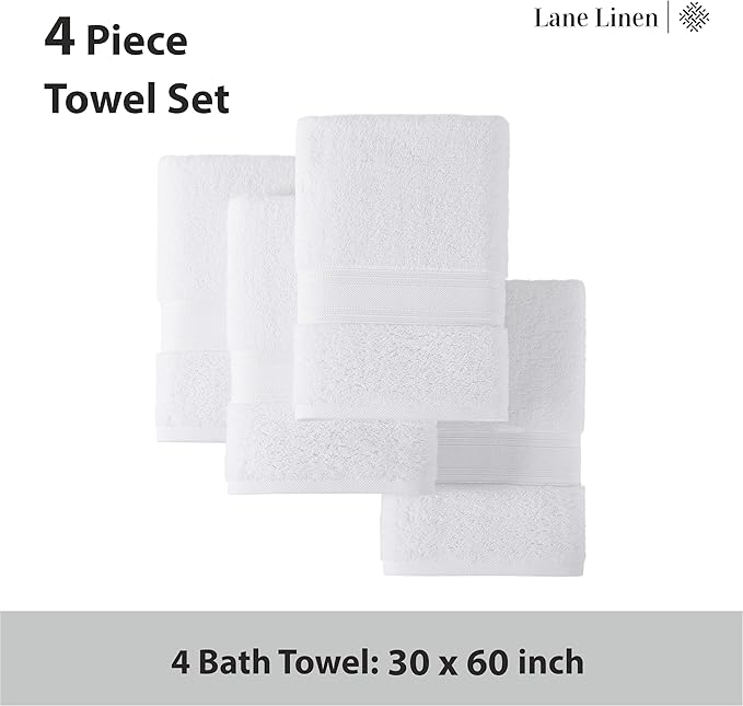 LANE LINEN 100% Cotton 4 Pack Bath Towels (30"x60") - Zero Twist, Cotton - Large Towels for Bathroom - Quick Drying, Highly Soft & Absorbent Shower Towel Set - Hotel & Spa Quality - White Towel Set