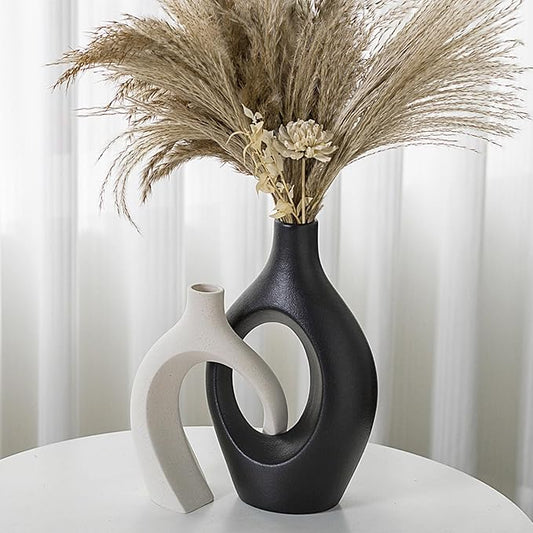 XL Black and Beige Snuggle Hollow Ceramic Vase of 2 for Coffee Table Decor, Modern Minimalist Aesthetic Donut Floral Vases, for Home Living Room Entryway Table Shelves Decorative (W 6.8" X H 11")