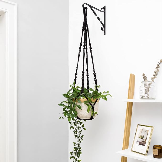 Mkono Macrame Plant Hanger Indoor Hanging Planter Basket with Wood Beads Decorative Flower Pot Holder No Tassels for Indoor Outdoor Boho Home Decor 35 Inch, Black, Set of 2 (POTS NOT Included)