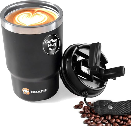 Insulated Stainless Steel Coffee Mug 16 oz with Flip Straw Lid Double Wall Vacuum Travel Tumbler for Hot and Cold Drinks Leakproof Portable Reusable Cup Work Camping Hiking School Gym MidnightSteel