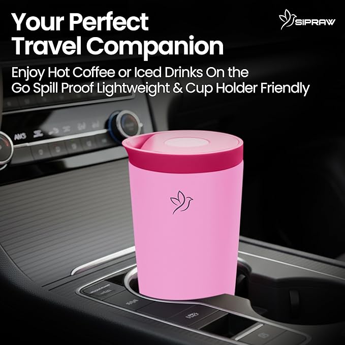 Travel Coffee Mug Tumbler, Reusable Iced Coffee Hot Coffee Cup, Double Wall Insulated Thermal Stainless Steel Material, Gift for Women Men, Perfect for Camping Travelling, 12 oz, Pink
