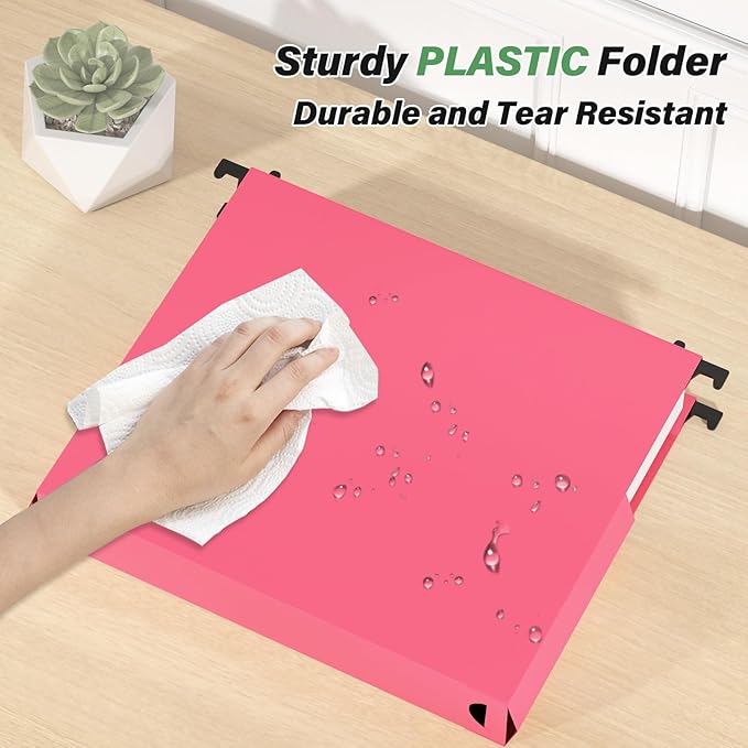 Ansook Hanging File Folders Letter Size Extra Capacity, Heavy Duty 2" Expandable File Folders Hanging with Tabs, 12 Pack Pink Filing Cabinet Folders,Plastic Hanging File Organizer,File Frme Folder