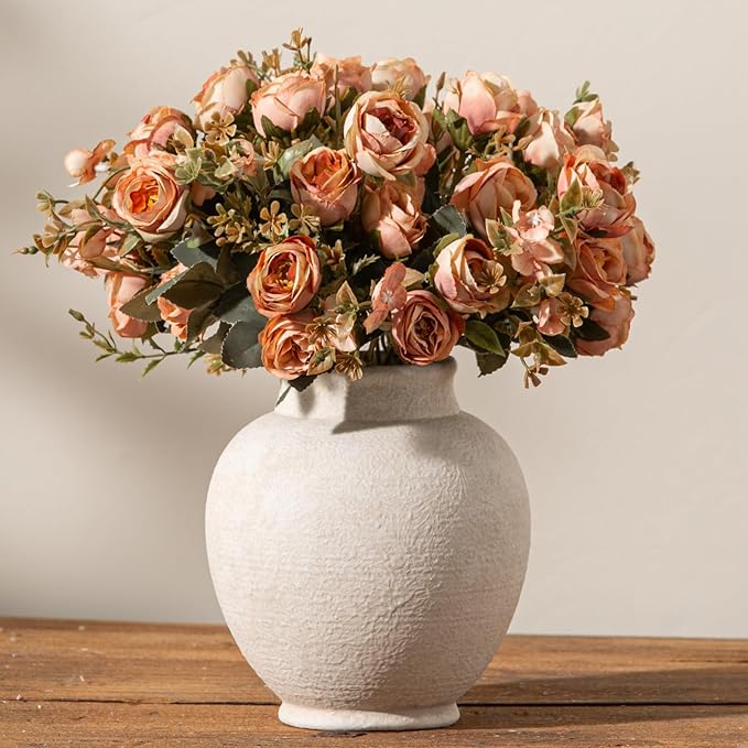 Ceramic Flower Vase, 6.7 Inch White Flower Vase Rustic Farmhouse Decorative Vase Floral Pottery Vases for Home Decor Table Living Room Entryway Mantel Bookshelf Bedroom Bathroom Kitchen - White