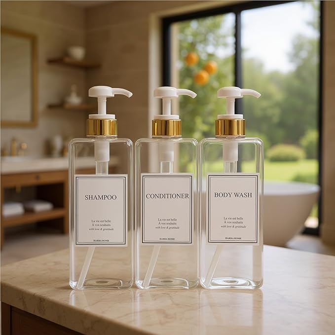 Modern Gold Design 27 oz Shampoo and Conditioner Dispensers - Plastic Refillable Pump Bottle Set for Bathroom Shower Soap Dispenser, Gift Box Included, Set of 3 (Clear & White)