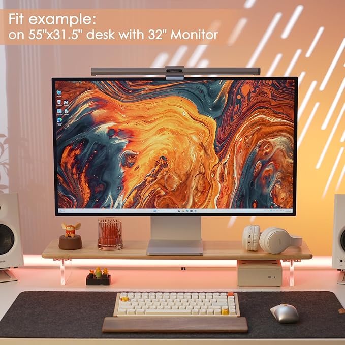 Bamboo Monitor Stand Riser with RGB Lights,31.5 Inches Desktop Shelf with Acrylic Legs Supports for Desk, PC Computer Monitor, Laptops, Printer, Speakers (Natural)