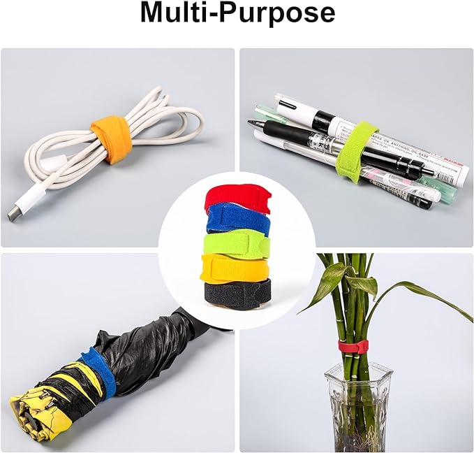 OneLeaf 110PCS Cord Organizer 8 × 1/2" Reusable Cable Ties with Hook and Loop, Colorful Fastening Cord Ties Wire Management for Home, Office, Data Centers, and Electronics, 5 colors