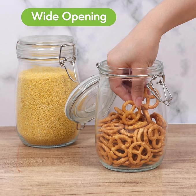 EkkoVla 34 oz Glass Food Storage Jars with Airtight Clamp Lids, Set of 3 Kitchen Canisters, Round Mason Jars Containers for Pasta, Coffee, Candy, Flour, Cereal, Dog Treats, Snacks and Canning