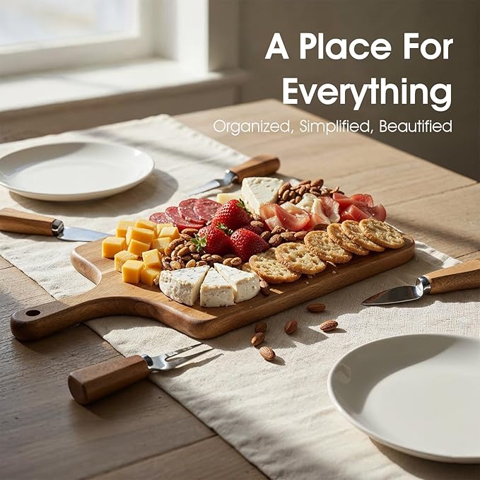 Charcuterie Boards & Cheese Knife Gift Set,Acacia Wood Serving Tray with 8-Piece Accessories (4 Cheese Knives + 2 Coasters + 2 Placemats) - Ideal for Couples Housewarming, Weddings, New Home & Holiday