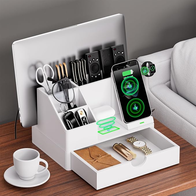 Sleek White PU Leather Charging Station with Drawer - 6-in-1 Multi-Device Desktop Organizer Docking Hub for iPad, Tablet, Laptop, Phone, Watch, Office Home Gift Idea