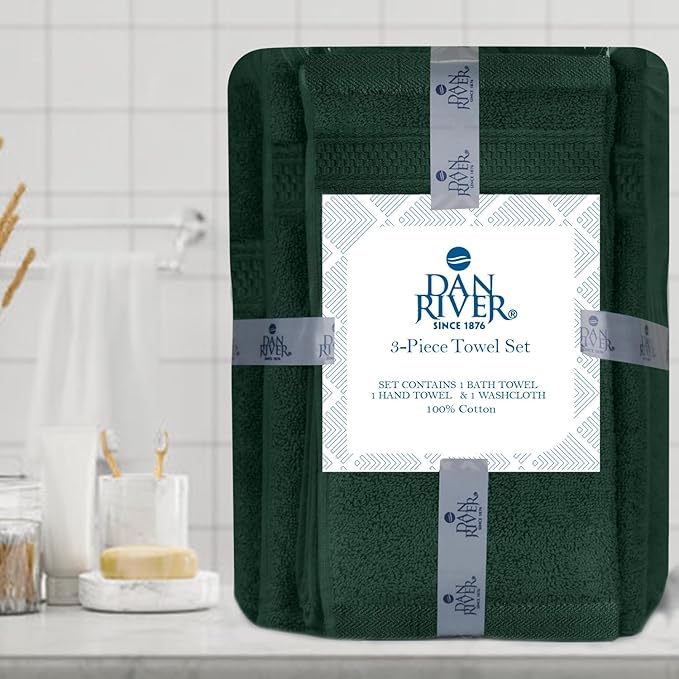 DAN RIVER 100% Ring Spun Cotton 3-Piece Towel Set, Hunter Green, Bath Towel, Hand Towel and Washcloths, 550 GSM - Soft, Absorbent Quick Dry Cotton Towels for Bathroom, Spa, and Gym