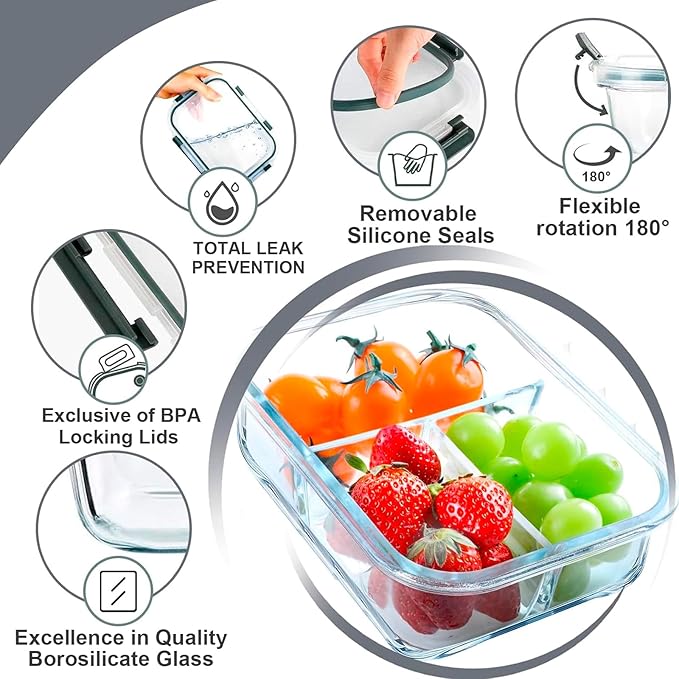 VERONES 5 Pack Glass Meal Prep Containers 3 Compartment Set, 36OZ Airtight Glass Lunch Containers, Glass Food Storage Containers with Lids, for Microwave, Oven, Freezer & Dishwasher Friendly,Grey