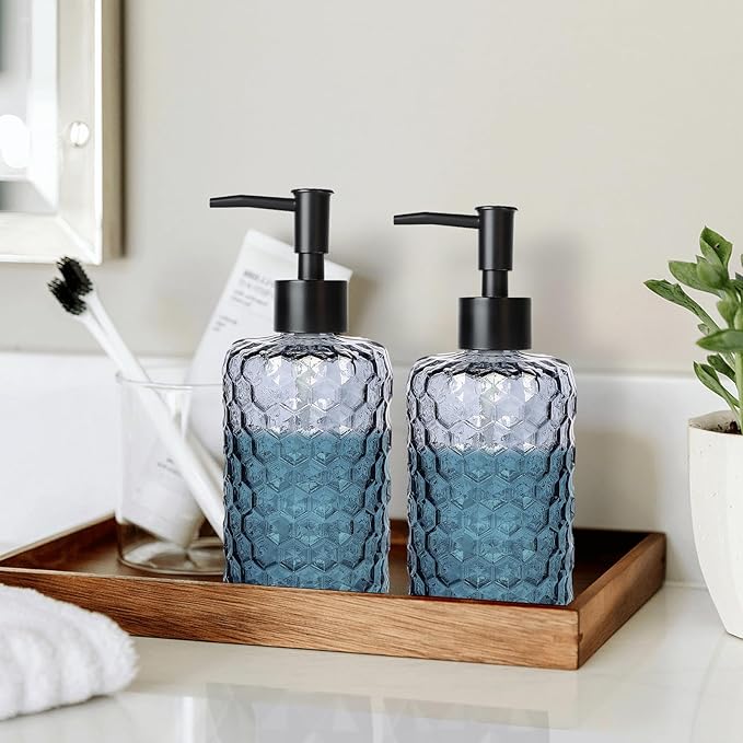 Clear Charcoal Blue Glass Soap Dispenser with Pump, 16oz Honeycombed Design Hand Soap Dispenser, Refillable Lotion & Dish for Dishwashing Liquid, Lotion
