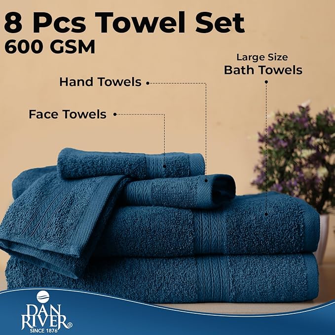 DAN RIVER 8 PC Luxury Bath Towels for Bathroom, 2 Bath, 2 Hand, and 4 Wash Cloths, 600 GSM 100% Ring Spun Cotton Towel Set, Highly Absorbent, Gym, Hotel, and Spa, Blue Opal