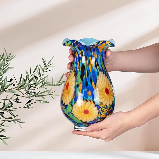 KAMMAK Colored Glass Vase, Beautiful Hand Blown Decorative Vase, Modern Art Vase for Flower Mantle Dining Table Centerpiece, Entryway Living Room Wedding Decoration, FH027