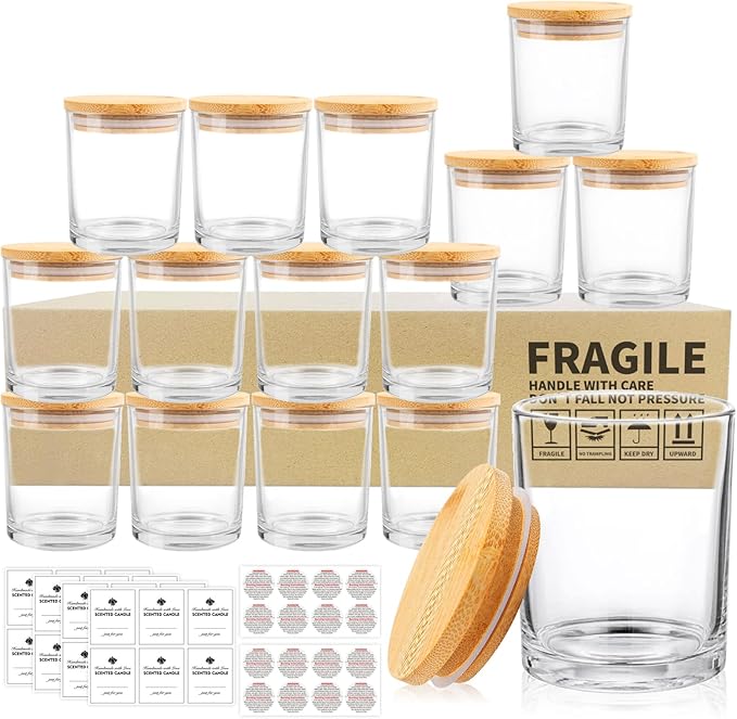 15 Pack Glass Candle Jars, 7oz Clear Candle Containers with Bamboo Lids and Labels, Empty Candle Jars for Making Candles - Dishwasher Safe, 7 fl.oz