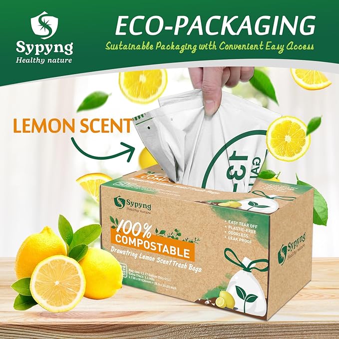 Compostable Kitchen Trash Bags 13 Gallon (50-Pack) - Heavy-Duty 1.1 Mil, 100% Biodegradable, ASTM D6400, BPI & OK Compost HOME Certified, Eco-Friendly, Leakproof & Odor Control