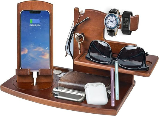 Gifts for Men, Fathers Day Wood Phone Docking Station for Dad, Desk or Nightstand Organizer, Mens Gifts for Husband, Birthday Gifts for Men,Gifts for Fathers Day, Key Holder Wallet, Watch & Essentials