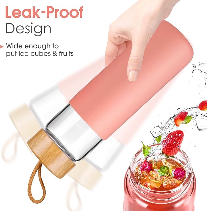 Borosilicate Glass Water Bottles with Silicone Sleeve BPA Free, Dishwasher Safe - Reusable Clear Glass Drinking with Leak Proof Bamboo Lid (Blooming Dahlia, 25 Ounces)