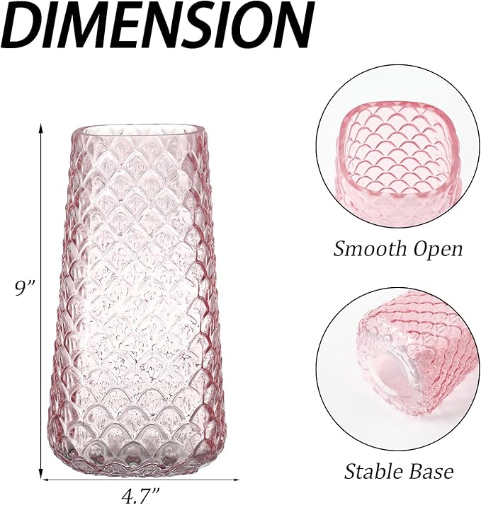Glass Vase, Pink Flower Vase for Bouquet, Large Glass Vases for Flowers, Modern Vases for Living Room, Bedroom, Dining Table, Office, Kitchen, Wedding, 9 Inches