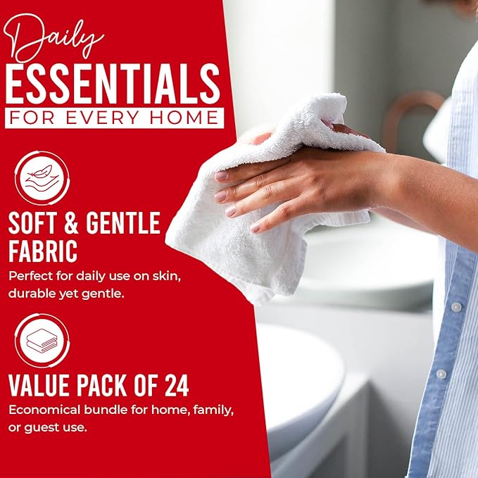 DAN RIVER 100% Cotton Wash Cloths 24 Pack [12x12] Soft & Absorbent Bath wash Cloths, Gym, Hotels & Spa Perfect for Everyday Use Fingertip Towels, Red