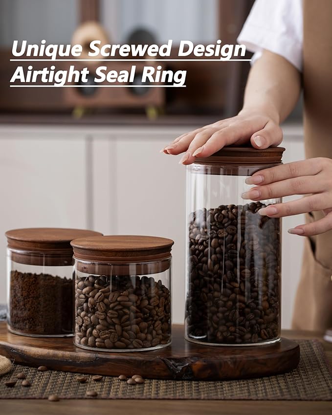 37 oz Coffee Canister with Scoop and Wooden Lids, Airtight Storage Container Sets of 2 for Ground Coffee & Beans, Glass Jars for Coffee Bar Organizer, Kitchen Countertop