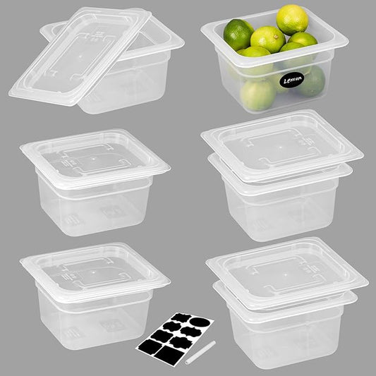 6 Pack 1/6 Size 4'' Deep Plastic Food Pans with Lids, Translucent, Commercial, BPA-free, Stackable Storage for Restaurants, Buffets