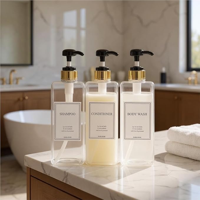 Modern Gold Design Large 27 oz Shampoo and Conditioner Dispensers - Empty Plastic Refillable Pump Bottle Set for Bathroom Shower Soap Dispenser, Gift Box Included, Set of 3 (Clear & Black)
