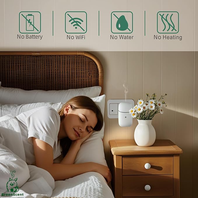 Waterless Essential Oil Diffuser, Plug in Diffuser for Home (Bathroom, Bedroom, Living Room, Kitchen), Office & Yoga Room - Daily 12H Timer Intermittent Dry Mist, Fits 10ml Oil Bottles, Night Light