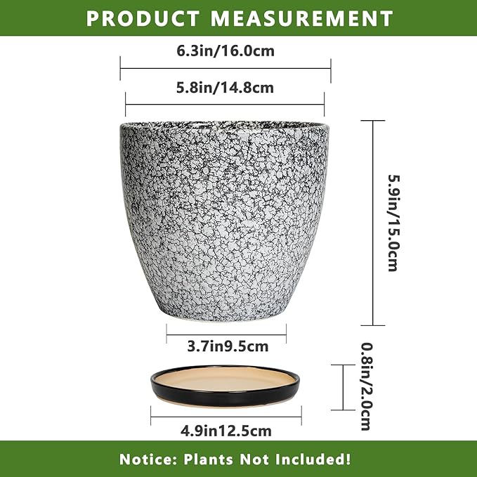 Ceramic Planter - 6.3 Inch Plant Pot for Indoor Ourdoor Plants, Round Succulent Planter, Decorative Flower Pots with Drainage Hole and Saucer, Home Desk Decor, Housewarming Gifts, White-black