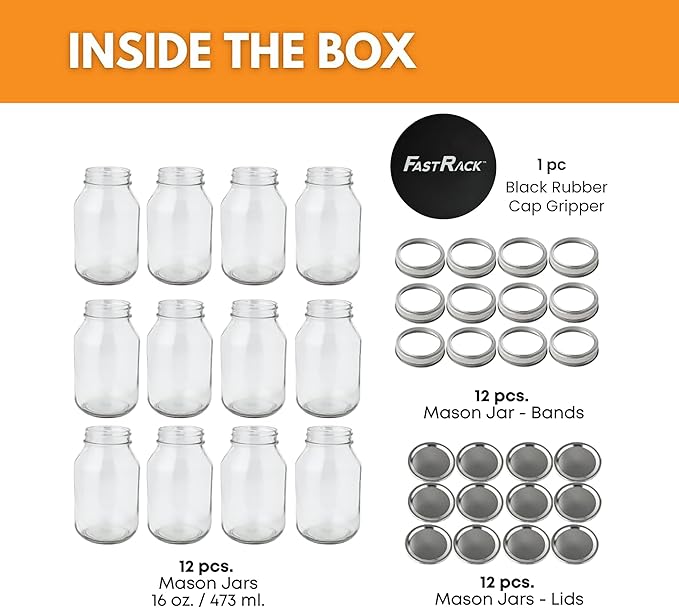 FastRack 16 oz Regular Mason Jars (Pack of 12) with 12 Lids & 1 Black Mason Jar Gripper | Glass Jars with Airtight Lids | Large Mouth Glass Jar for Food Storage, Canning, Fermentation, Pickling