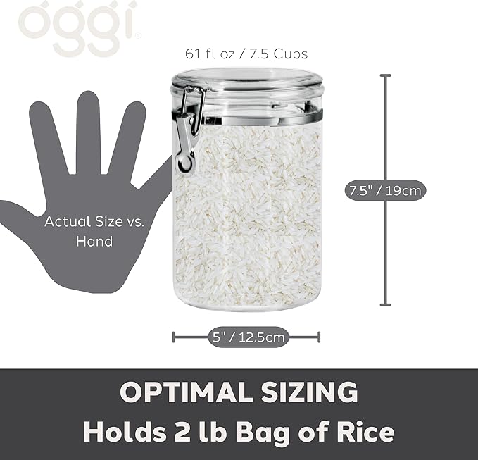 Oggi Medium-Sized Clear Canister with Clamp Lid, 61 oz - Large Airtight Food Storage Container, for Kitchen & Pantry Storage of Bulk, Dry Foods, Pasta, Flour, Sugar, Coffee, Rice, Tea, Spices & Herbs