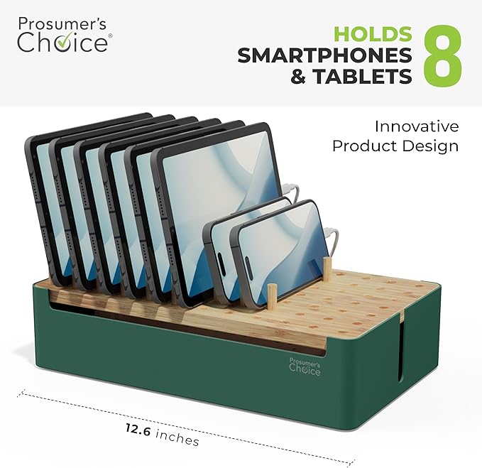 Prosumer's Choice Bamboo Charging Station - Multi Charger Station Organizer - Desk Docking Station for Phones, Tablets, Laptop - Wooden Charging Station with Removable Dividers - Cables Not Included