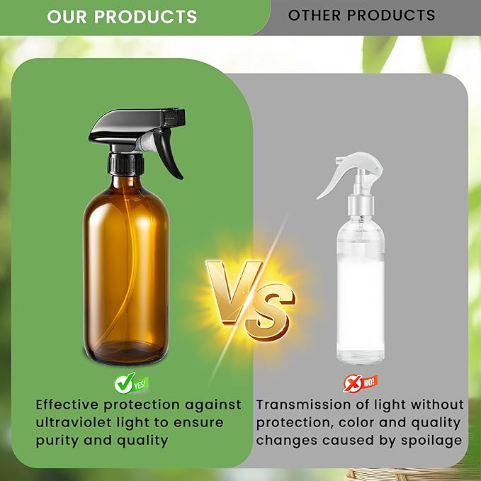 Supercenter Glass Spray Bottles, Amber Glass Spray Bottles, 16oz, Adjustable Nozzle for Stream and Spray, Reusable, for Essential Oils, Cleaning Products, Detergents(2PS)