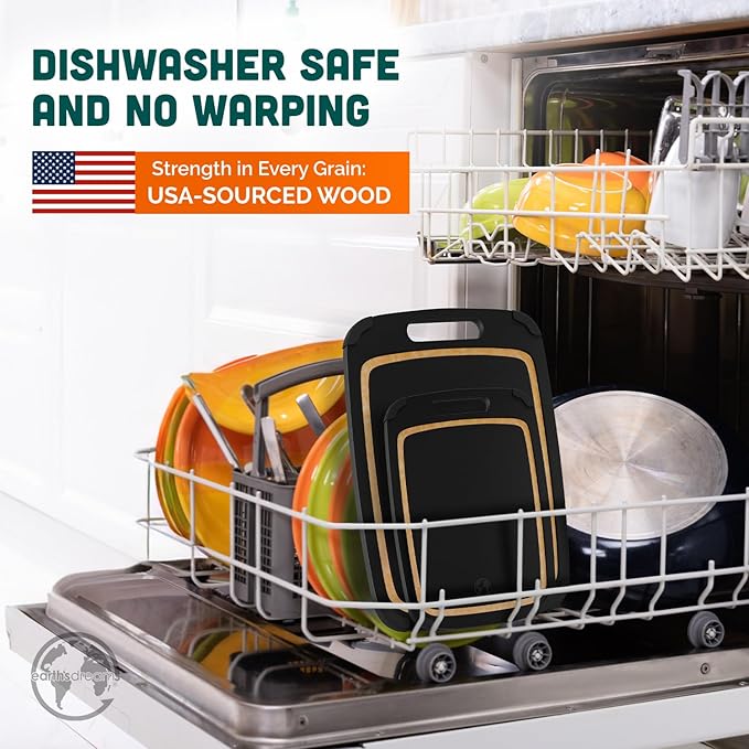 Earth’s Dreams Wood Cutting Board Set 3-Piece: Small, Large & Extra Large - Charcuterie Board, Non-Plastic, Non-Toxic, Heavy-Duty, Dishwasher Safe (Black/Tan)