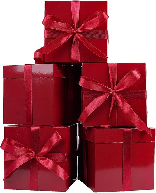 Jaywayang 5 Pack Red Gift Boxes with Lids, Ribbons and Tissue Papers Square Gift Boxes - 7.1 Inch - Christmas Presents Wrapping, Valentine's Day Decoration Party Favor Boxes.