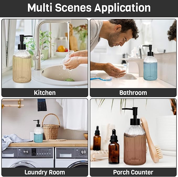 2 Pack Glass Soap Dispenser with Pump, 13.5oz Refillable Soap Dispensers with Vertical Stripe for Hand Wash & Dish Wash, Elegant Bathroom Soap Dispenser for Dishwashing Liquid, Lotion