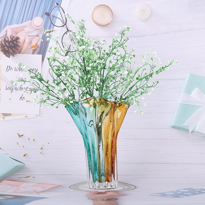 Hand Blown Wide Mouth Petal Glass vase, Colorful Modern Glass Art Home Decoration vase for Family Living Room, Wedding Venue, Dining Table Centerpiece, entryway Tabletop