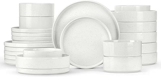Herogo 24 Piece Dinnerware Sets with Pasta Bowls for 6, Dinner Salad Plates and Cereal Serving Bowls, Stoneware Dishes Dinner Ware for Kitchen Dining, Dishwasher & Microwave Safe, Speckled White