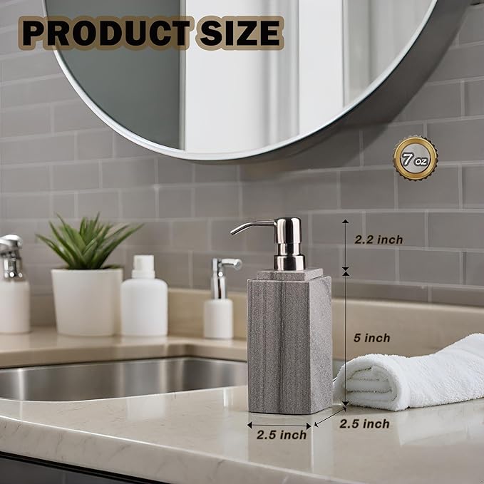 Hand Liquid&Lotion Soap Dispenser Pump Bottle Natural Marble for Kitchen Bathroom Countertop Laundry Room Holds Dish Soap Shampoo Laundry Liquid Shower Gel (Grey Sand)