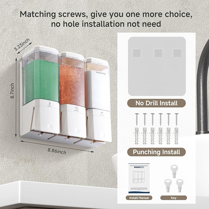 Shower Soap Dispenser Wall Mounted Shower Dispenser 3 Chamber No Drill Shampoo and Conditioner Dispenser Refillable Shampoo Dispener for Shower 3 * 500ml for Bathroom Hotel (Cream White 3 Chamber)