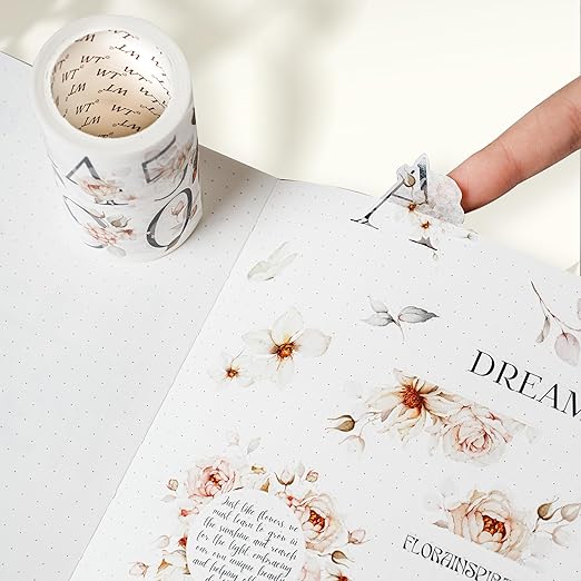 WT Pre-Cut Rosé Scripts Wide PET Tape, Single Roll, Original Designs, Blush Floral & Handwritten Script, Clear Decorative Tape for Junk Journal, Scrapbook, Bujo, Planner, DIY Crafts