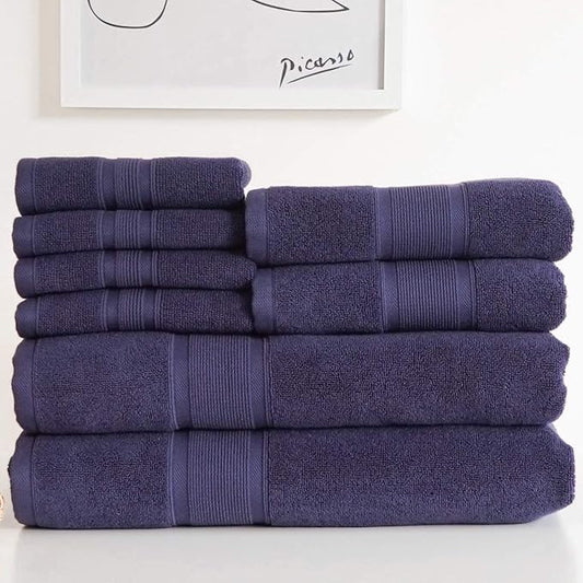 Luzia 8 Piece Bathroom Towel Set - 100% Turkish Cotton, Premium Quality - 2 Bath Towels 2 Hand Towels and 4 Washcloths (Navy Blue)