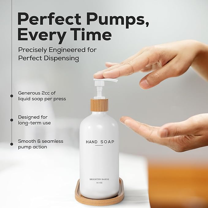 White Glass Soap and Lotion Dispenser Set with Tray by Brighter Barns - Hand Soap Dispenser Bathroom Set - Bamboo Bathroom Soap Dispenser Set - Minimalist Bathroom Accessories, Modern Home Decor